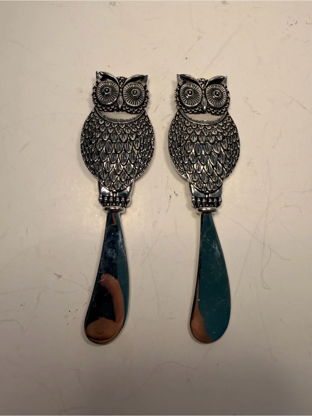 Set of 2 Silver Tone Metal Owl Butter Spreader Knives